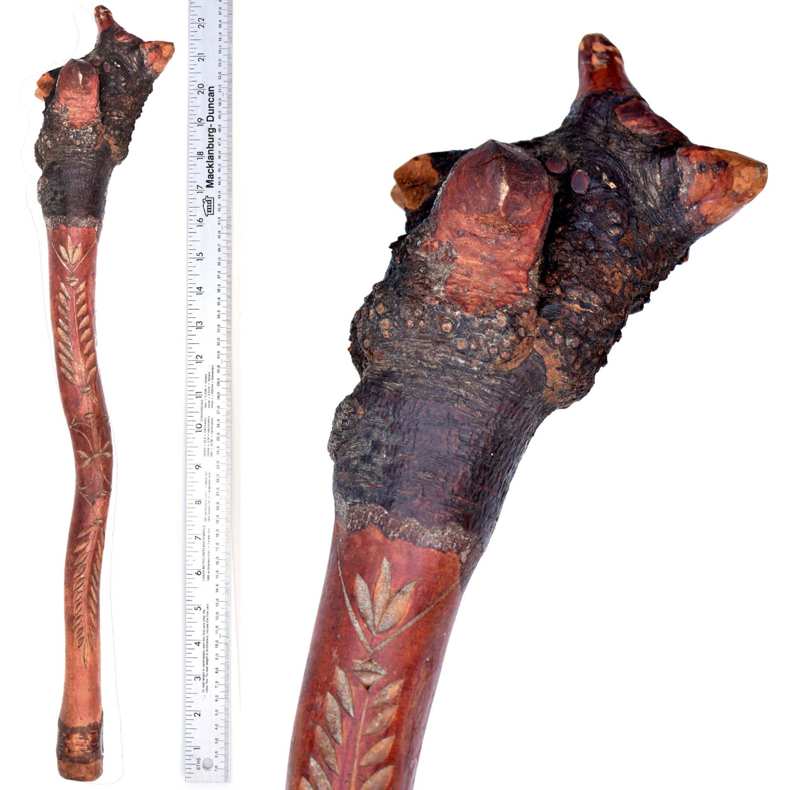 22" Early Penobscot Indian War Club - 1800s Maine - Red Dye - Chip Carved Handle