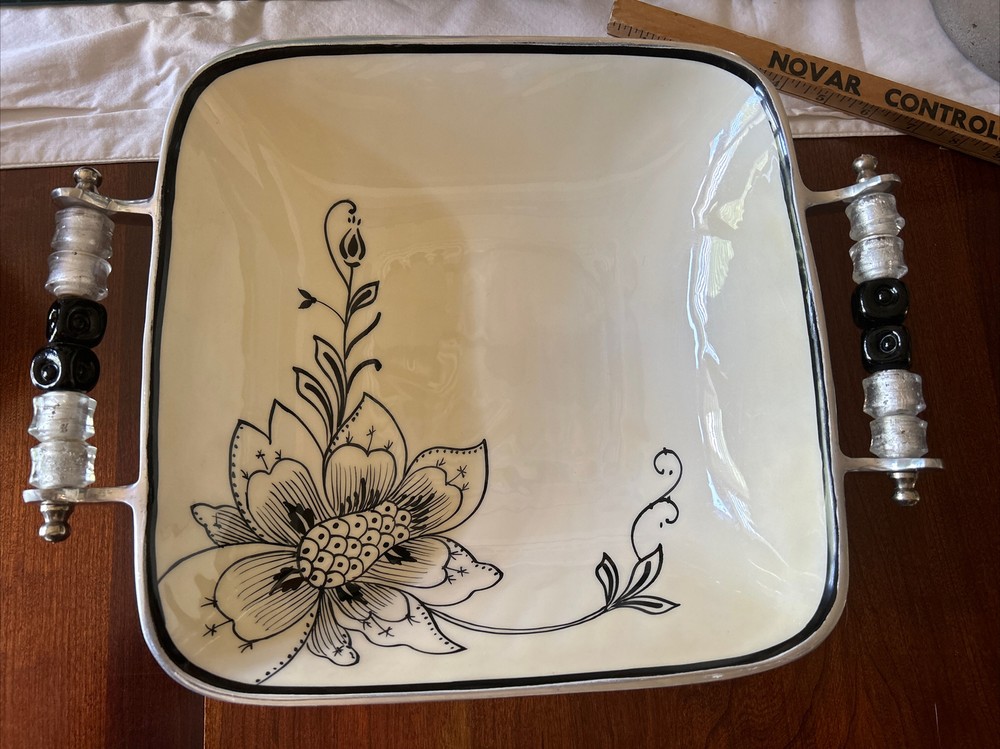 Gorham Serving Platter Rectangular Bowl Beaded Handles 14"x 11" Evening Bloom
