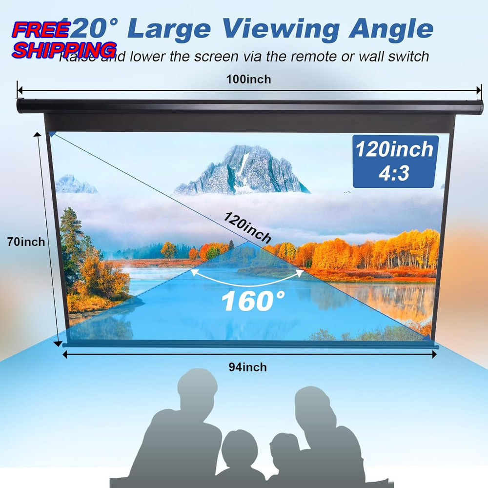 120 Inch Projector Screen Motorized 4:3 HD Electric Rising Screen Pull Down NEW