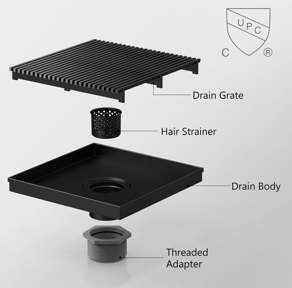 Sharpeye 8 Inch Square Shower Drain Removable Wire Pattern Grate, Matte Black