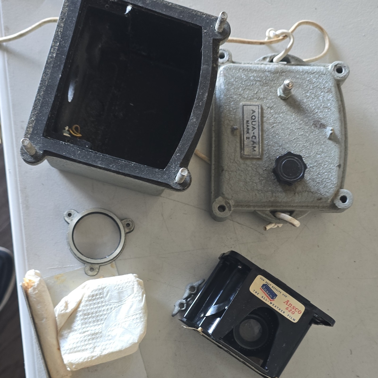 Ansco 620 Box Camera Black Gray with Aqua-Cam Mark II Housing and Accessories