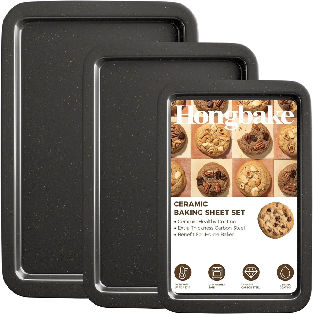 Ceramic Baking Sheet Pan Set Cookie Sheet Oven Bakeware Sets W/ Wider Grips 3