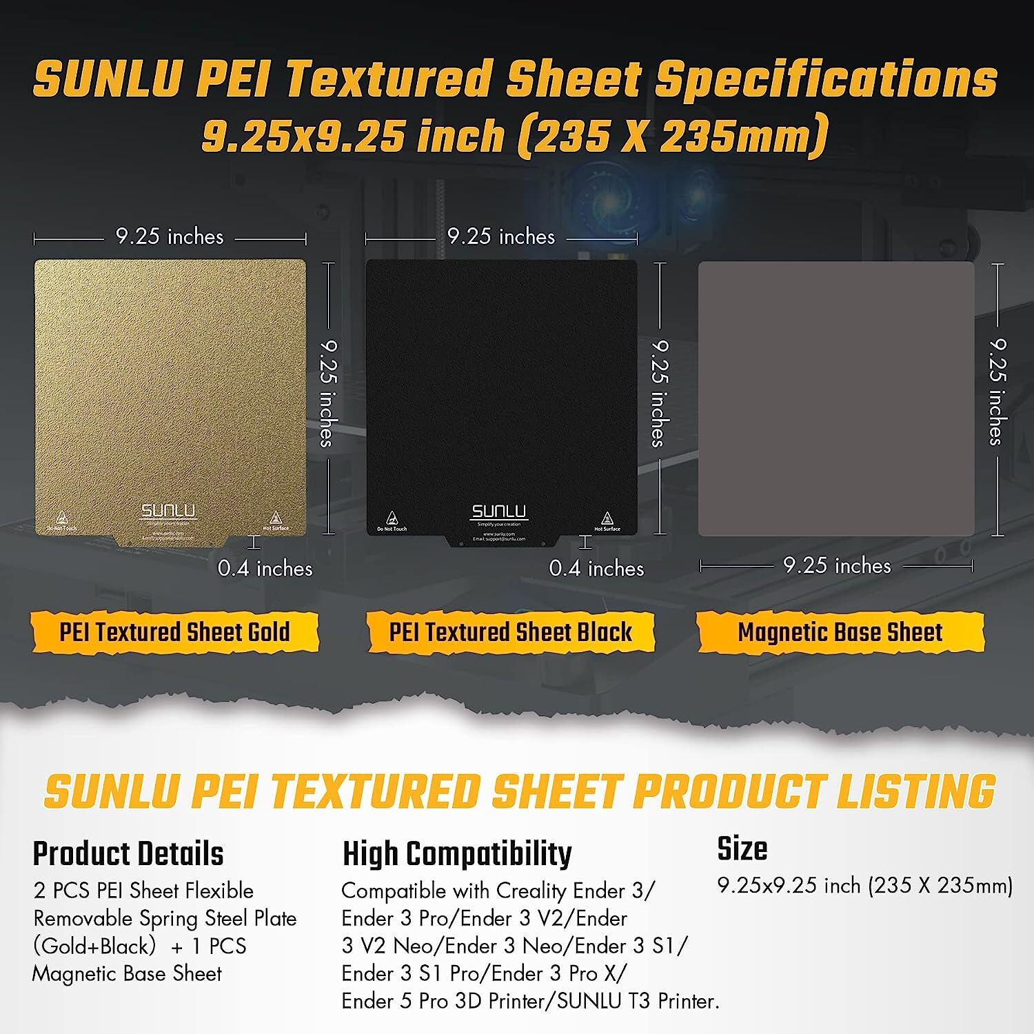 SUNLU PEI Magnetic Build Plate, 9.25x9.25inchs (235x235mm), 2*PEI+1*Base Sticker