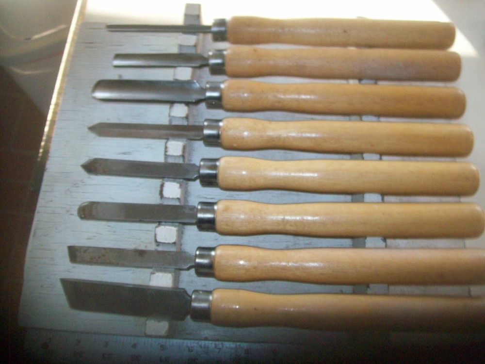 Set of 8 Vintage Unmarked Heavy Wood Turning Chisels about 14" Long 3 gouges +