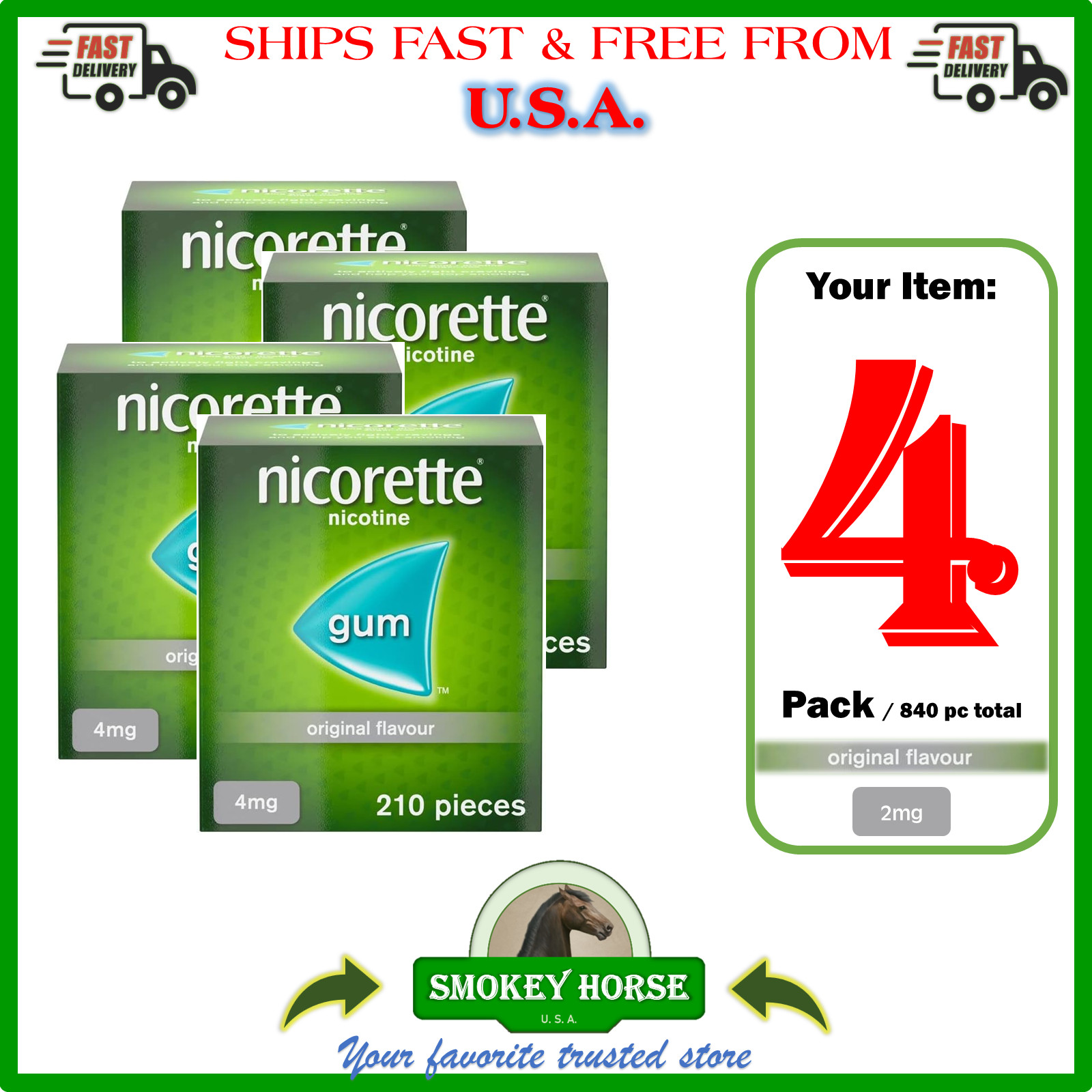 4X Nicorette ORIGINAL Flavour Gum 4MG 210 Pieces "USA SELLER--SHIPS SUPER FAST "