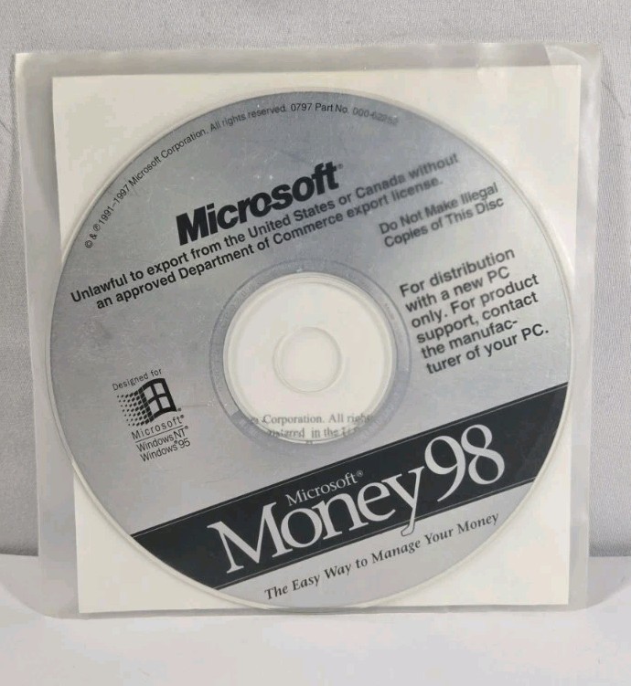 Microsoft Money 98 Vintage Basic PC Computer Disc No Product Key Required