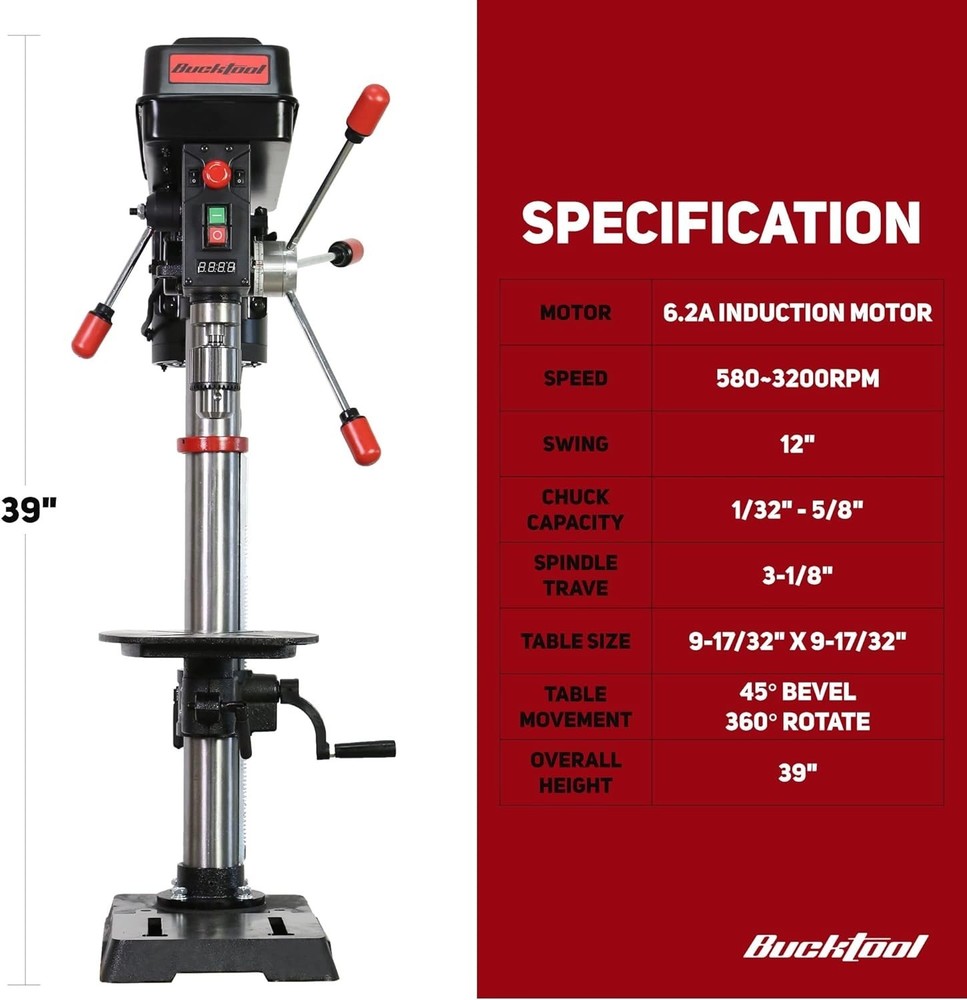 BUCKTOOL 12-Inch 3/4HP Variable Speed Bench Top Drill Press with Laser Guide