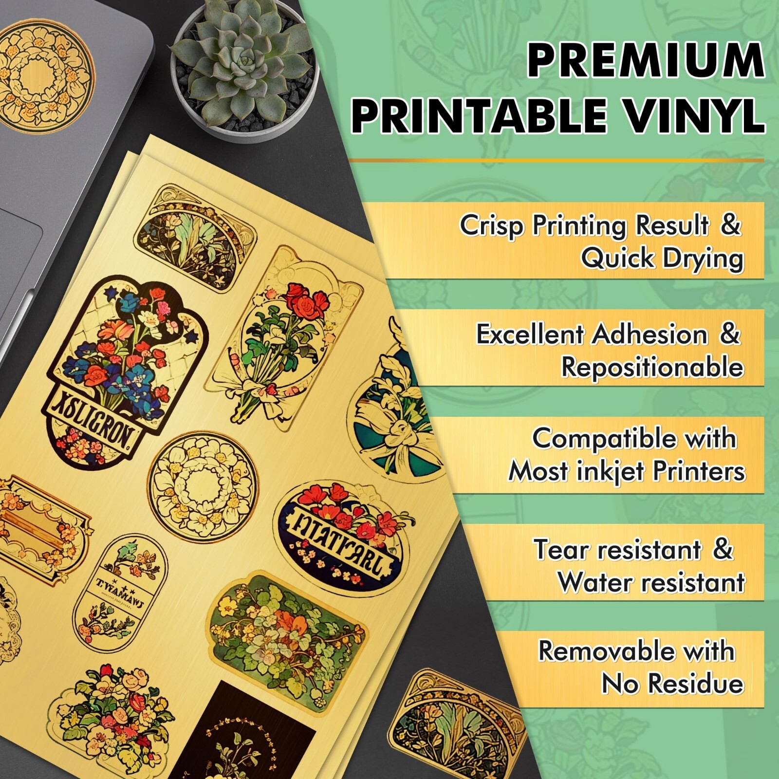 Koala Brushed Gold Vinyl Sticker Paper for Inkjet & Laser Printers Waterproof 20