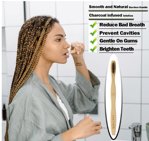 Bamboo Toothbrushes 10 Pack Biodegradable Soft Medium Charcoal Bristles