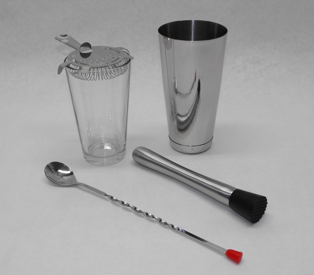 5 Piece BOSTON SHAKER SET Glass, Strainer, Muddler, Spoon & WEIGHTED Tin Bar Kit