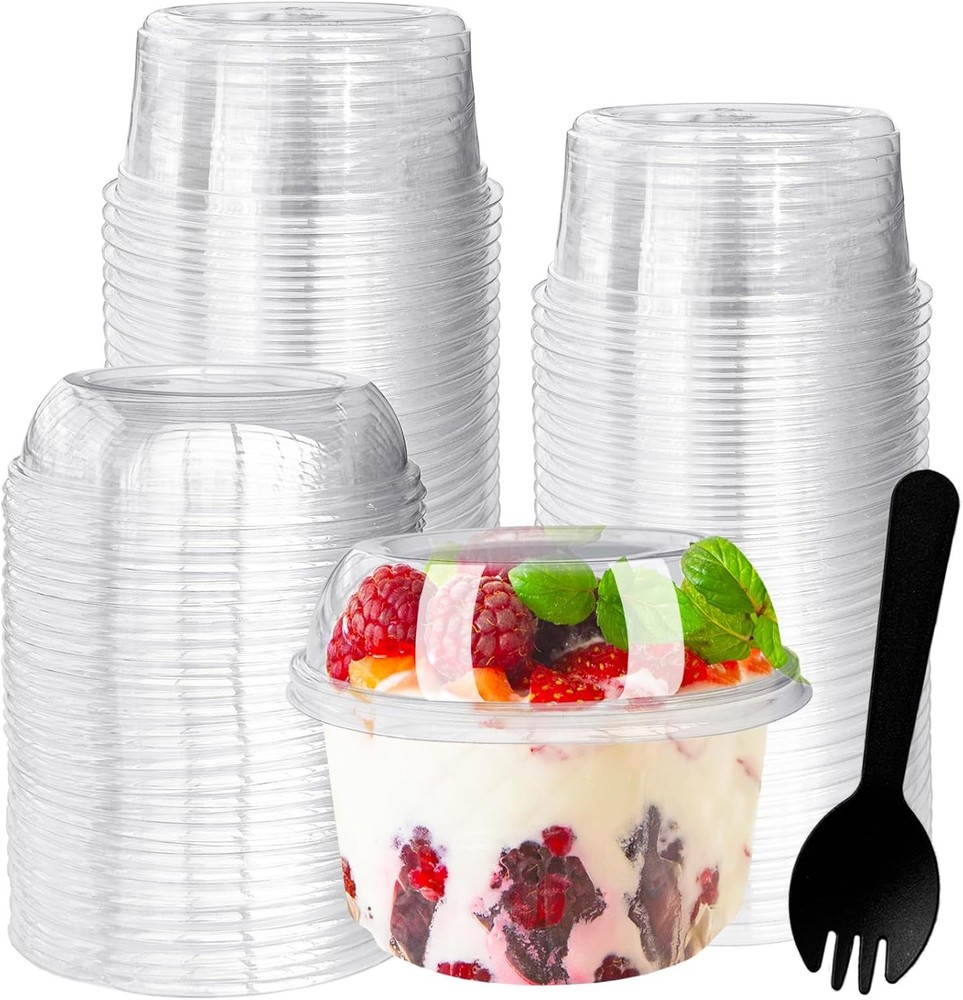 Disposable Clear Plastic Cups with Dome Lids and Spoons, Plastic