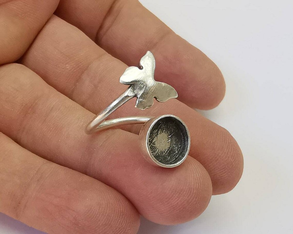 Butterfly Ring Blank Base Silver Round Setting Cabochon Adjustable Brass G26144