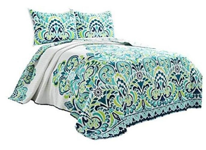 Clara Quilt 3 Piece Reversible Bedding Set King Blue & Green
