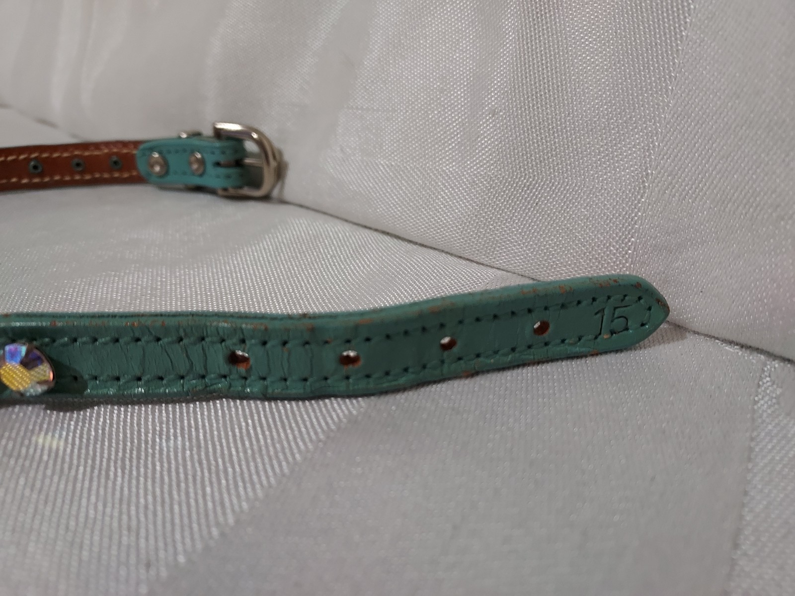 Rare Vtg Rhinestone Jeweled Turquoise Leather Pet Collar & Leash Set 11.5"-13.5"