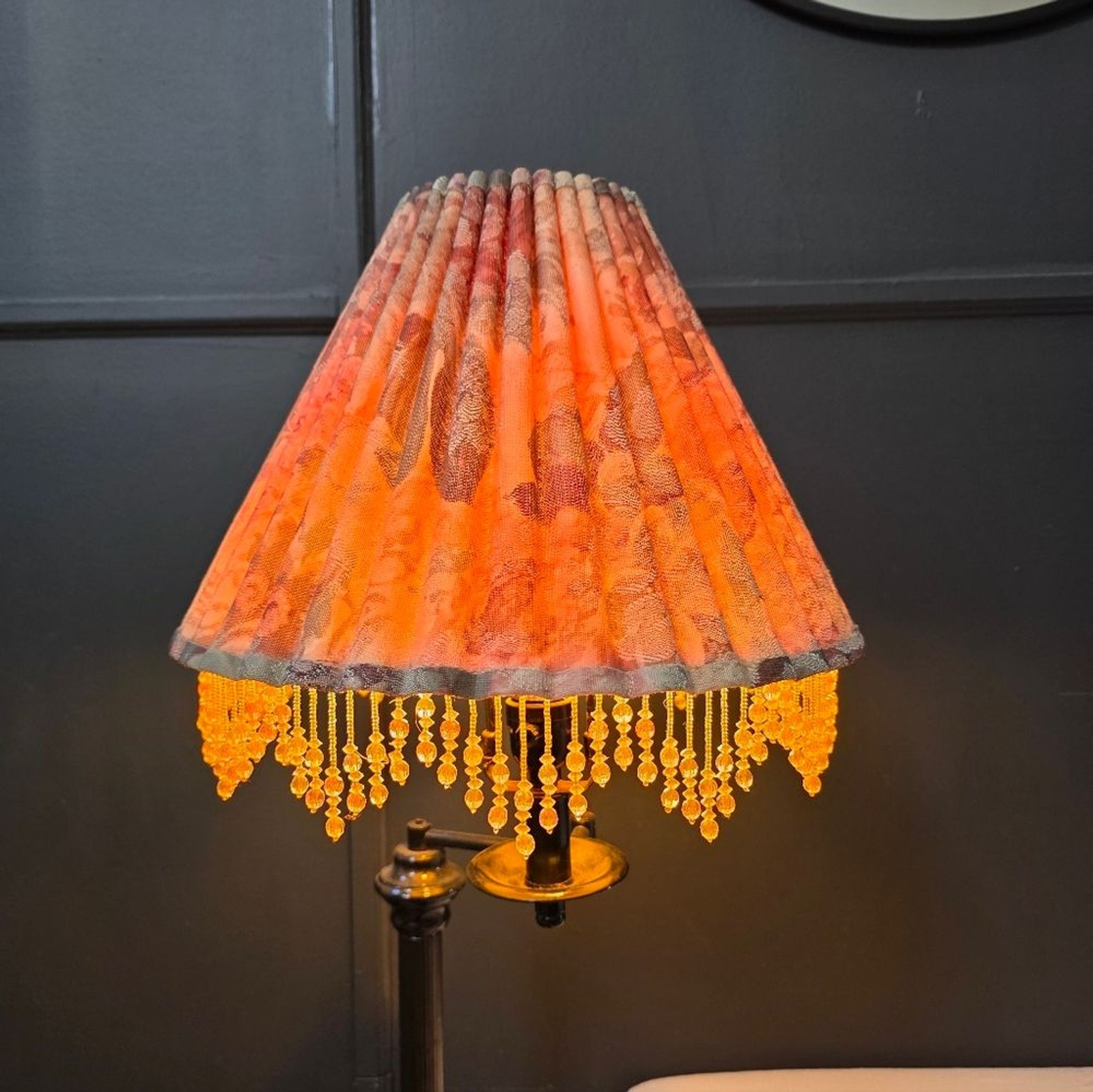 Vtg Threshold Home Brand Champagne Bell Lamp Shade Pleated Fabric Beaded Fringe