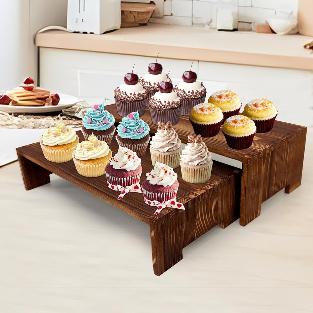 4 Pcs Large Display Riser Wood Risers Cupcake Display Stand 2 Tier Racks Large