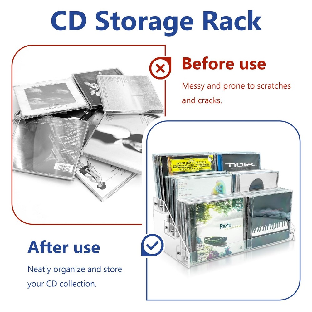 3Tier Clear Acrylic CD Holder Cascading Storage Rack Holds 24 Cases Medium