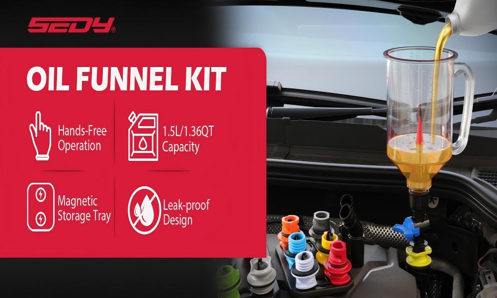 17-Piece Engine Oil Funnel Set 1.36 qt with 12 Adapters Magnetic Storage Trays