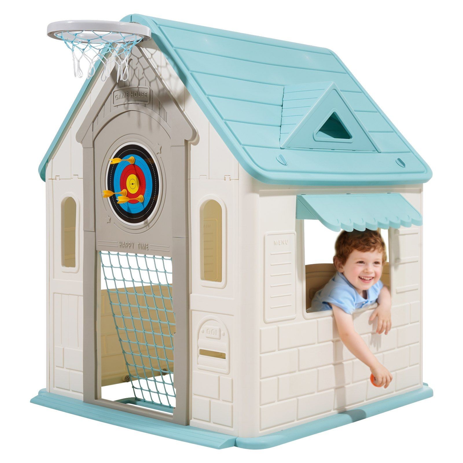 Outdoor Playhouse, 5-In-1 Cottage Play House with Pretend Play, Basketball