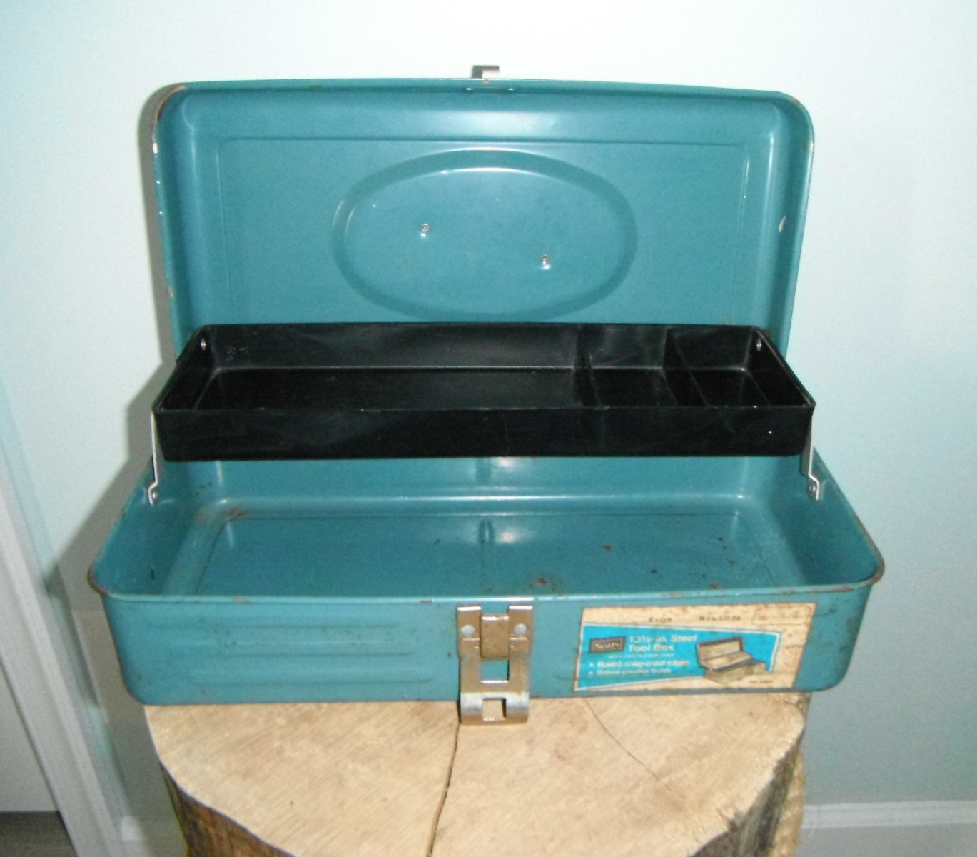 Vintage Sears & Roebuck Co. Craftsman 13.5" Steel Toolbox Single Tray- Teal blue