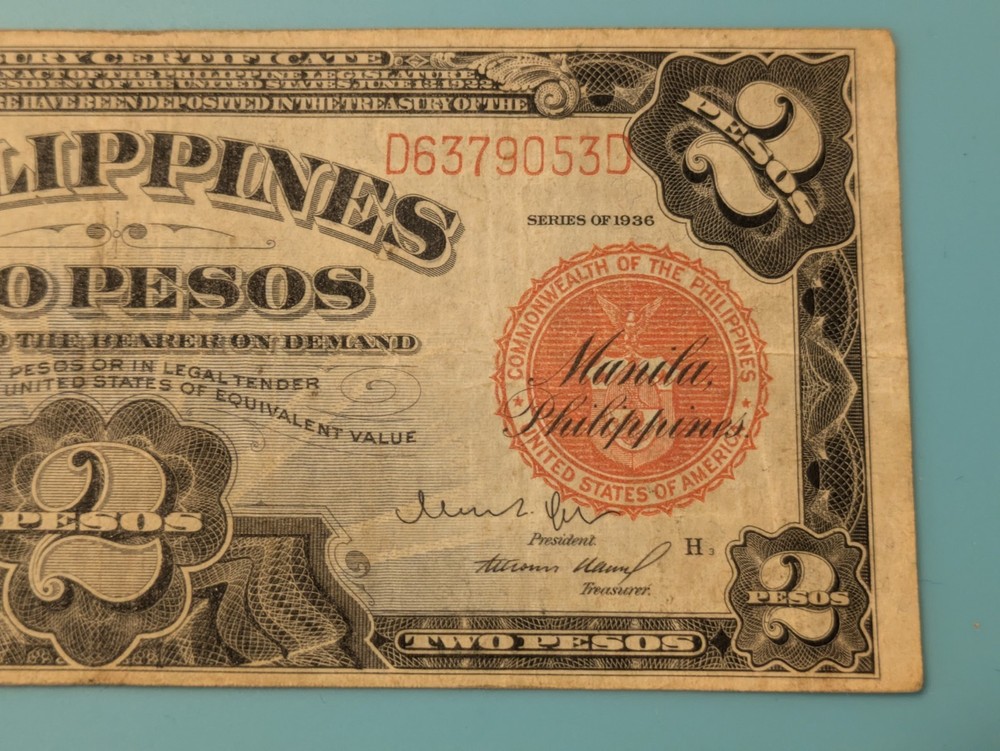 1936 2 Peso Philippines. Better Grade Note