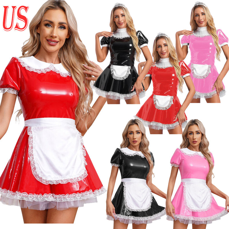 US Women's Latex Maid Outfit Halloween French Maid Costume Cosplay Apron Dress
