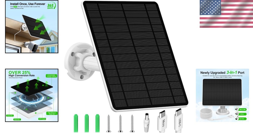 Solar Panel Charger for Security Camera, Type-C Plug, 9.8Ft Long Cable, Water