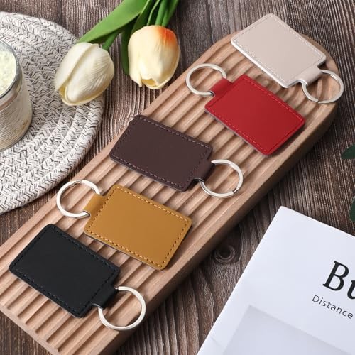 48 Pcs Leather Key Fob Kit, Rectangular Leather Keychain Blanks with Keychain