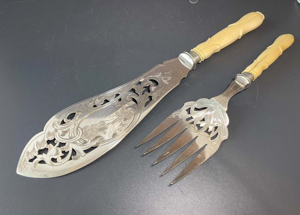Antique Victorian Silver Plate Serving Fish Knife & Fork Set