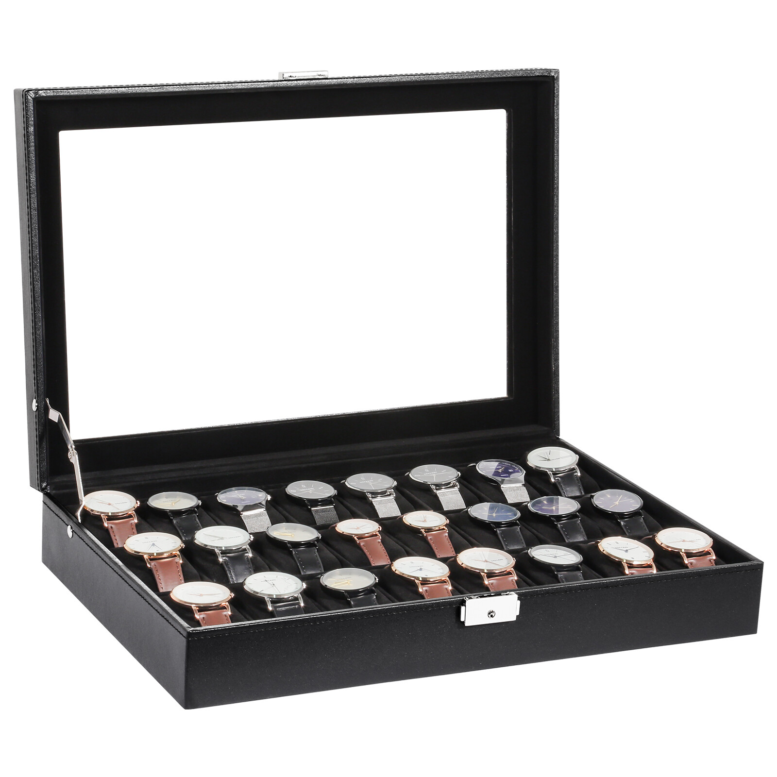 24 Slots Watch Case Box PU Leather Glass Lid Jewelry Organizer Display Case Gift