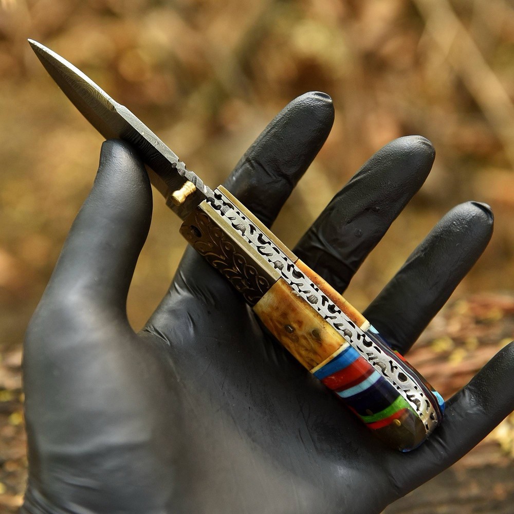 Custom Made Damascus Folding Blade Pocket Knife Case- Dagger - Double Edge