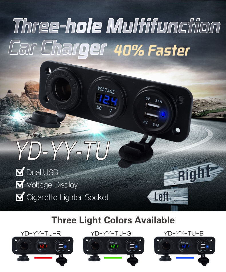 Car Boat RV Switch Panel 2 USB Charger Socket&Cigarette Lighter Voltmeter 12-24V