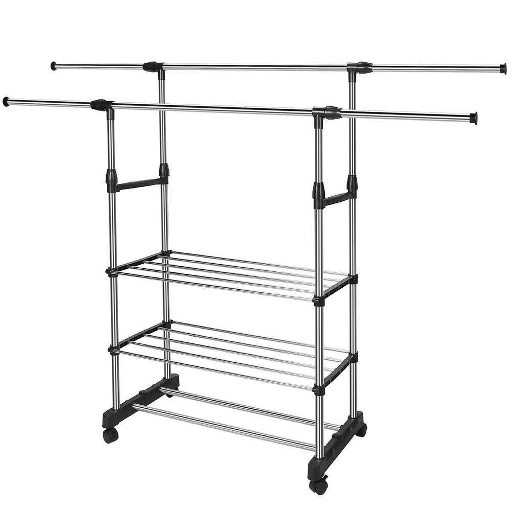 Single/Double Adjustable Clothes Hanger Rolling Garment Rack Duty Rail Organizer