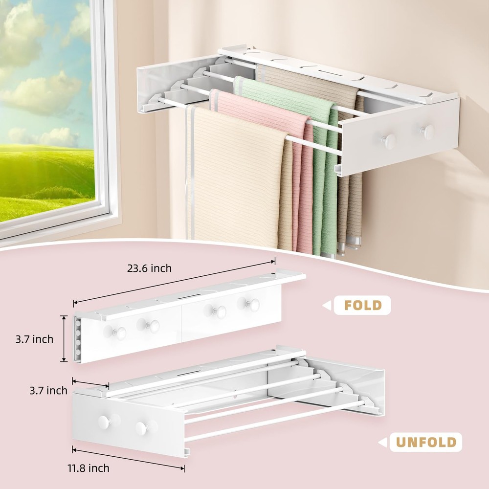 Wall Mounted Drying Rack with 4 Hooks and Shelf, Foldable Clothes Drying Rack...