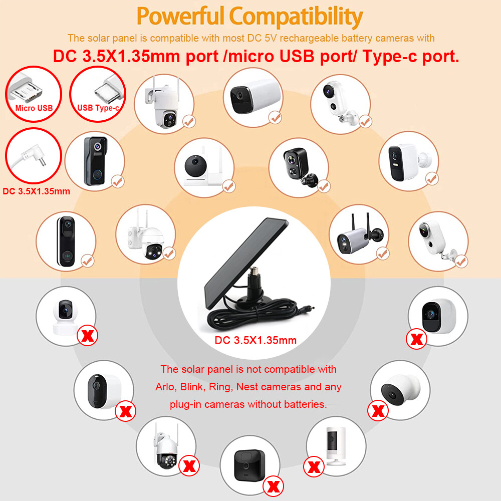 Solar Panel for Ring Stick Up Spotlight Cam Battery 10ft Cable Outdoor Universal