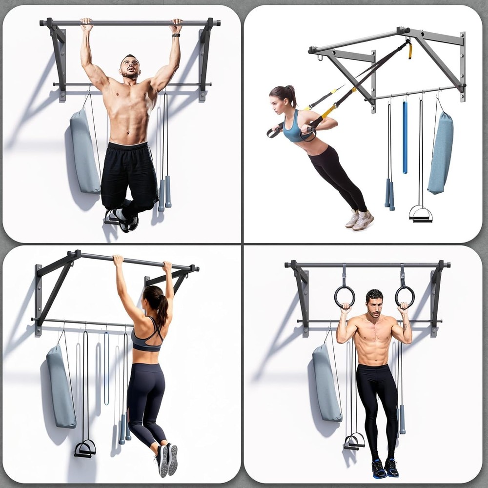 Wall Mounted Pull Up Bar, Strength Training Chin Up Bar with Hooks, Adjustabl...