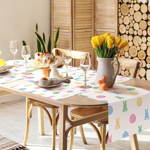 Mindsoft 7 Pcs Easter Buffalo Bunny Rabbit Table Runner and Placemat Bunny Egg