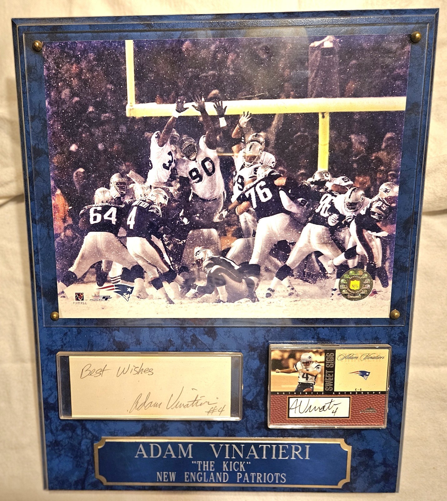 LARGE NEW ENGLAND PATRIOTS ADAM VINATIERI PLAQUE (2) AUTOGRAPHS "ONE OF ONE"