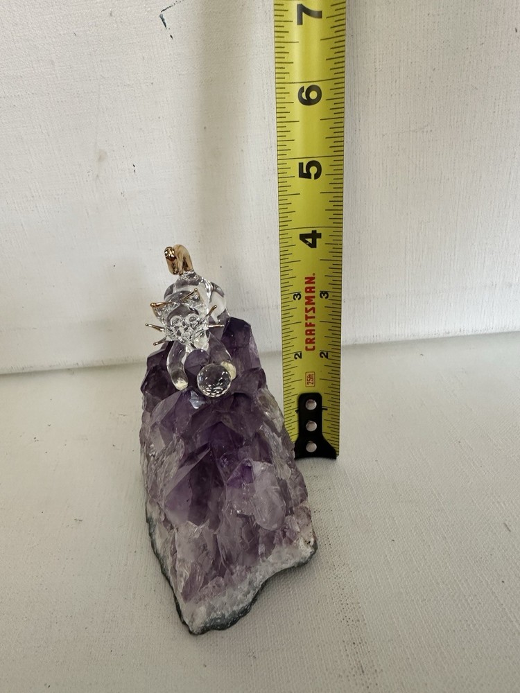 Cat With Rainbow Cut Ball On Amethyst Geode Stone