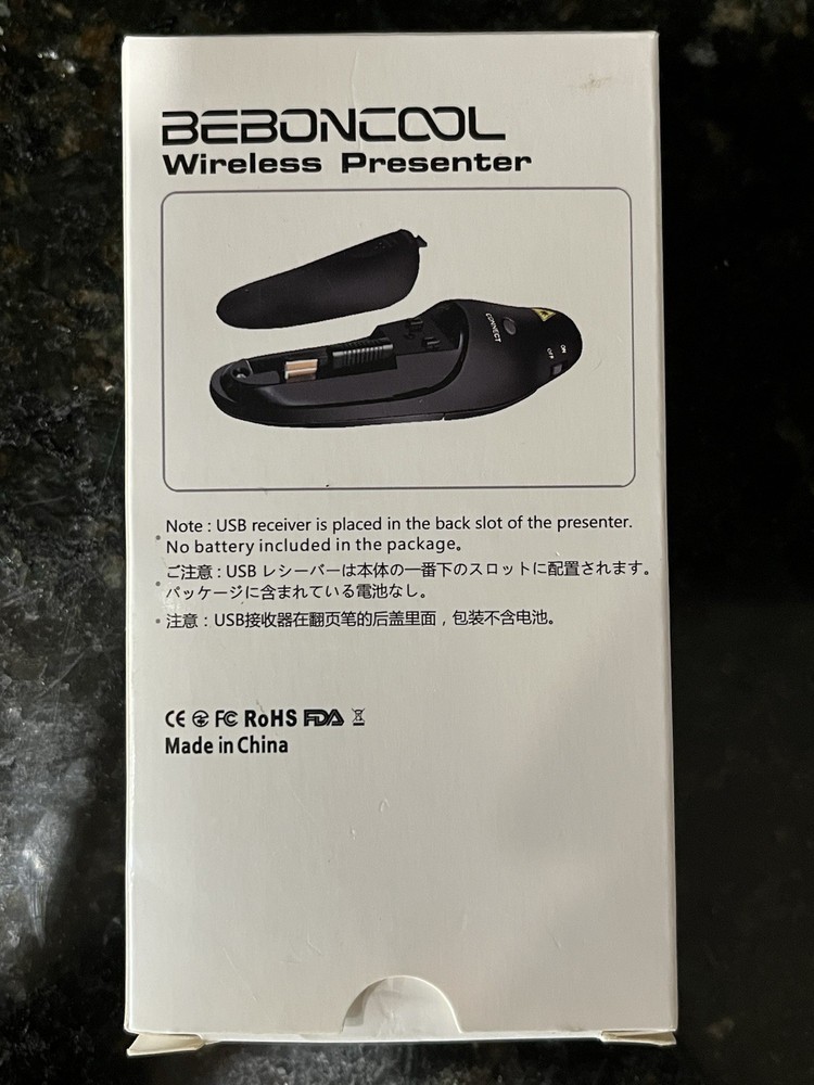 BEBONCOOL Wireless Presenter Pointer 2.4GHz USB Receiver Ergonomic Button Black