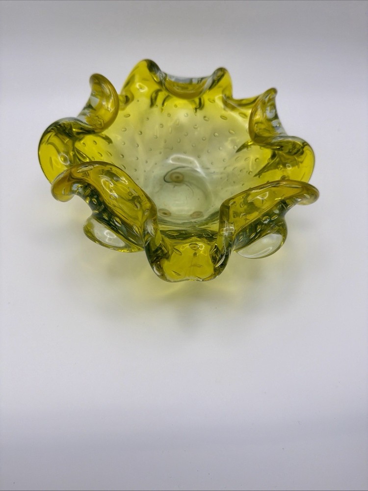Vtg Murano Double Ruffled Controlled Bubbles Console Dish Ashtray Lime Yellow