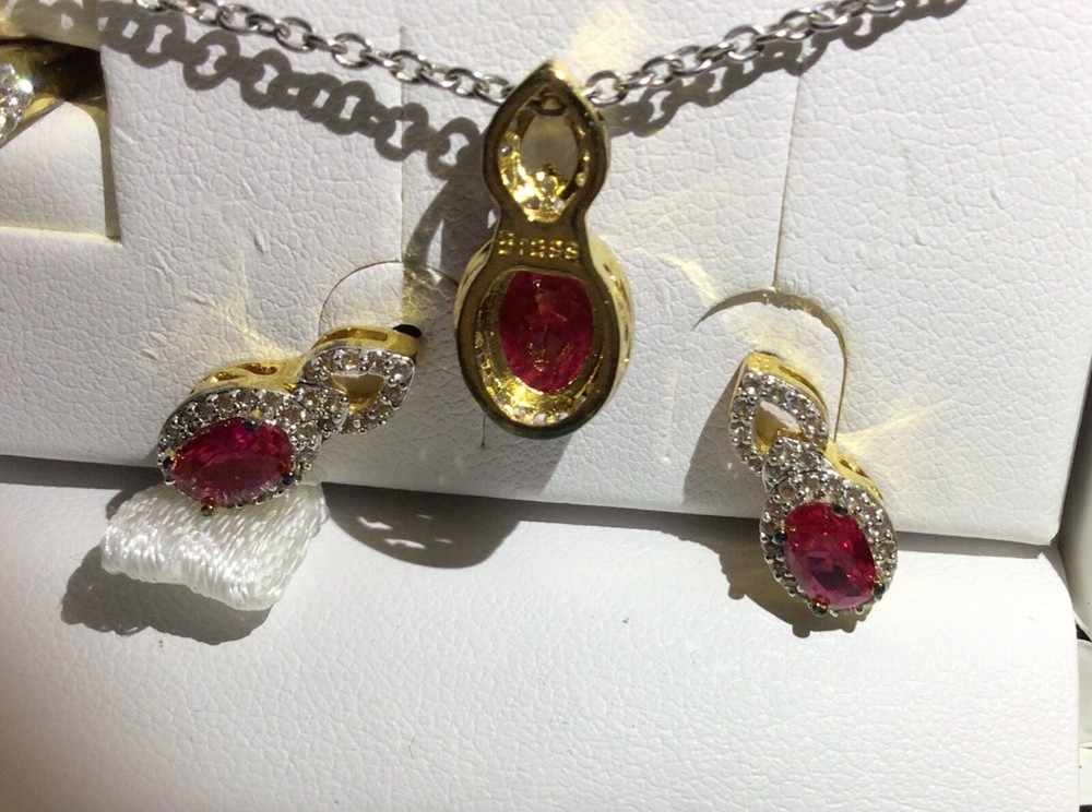 NIB Lab Created Ruby& White Sapphire Ring, Necklace, Earrings Set