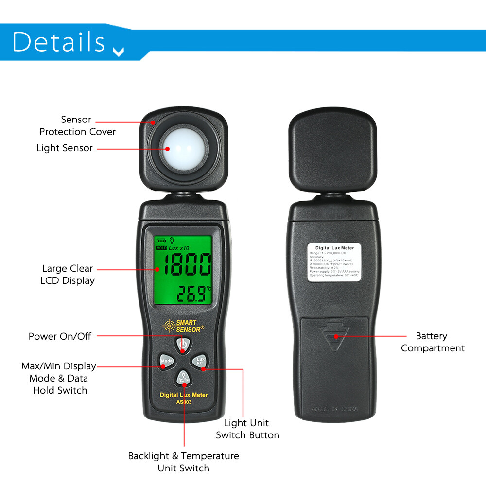 SMART SENSOR Digital Lux Meter Illuminometer Luminometer LCD W/ Backlight A2U4