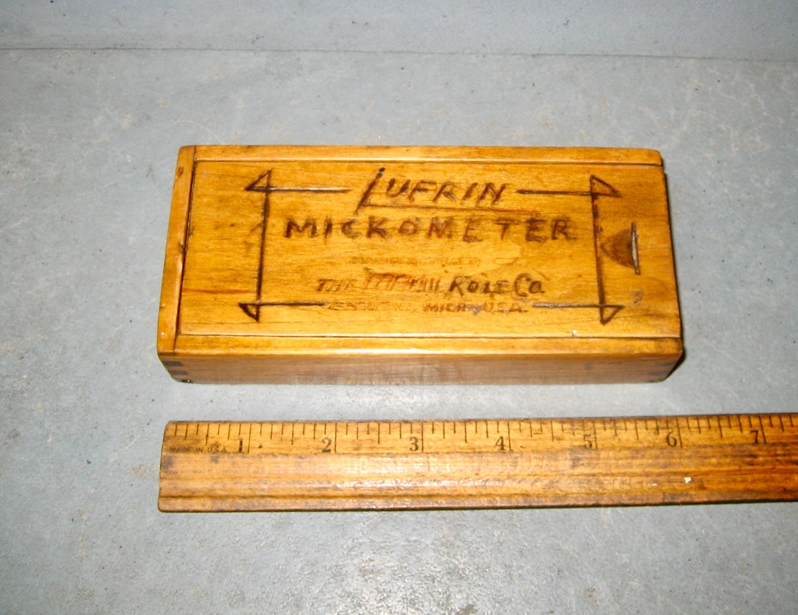 Lufkin Micrometer Wood Storage Box with garage humor: spelled Lufrin Mickometer