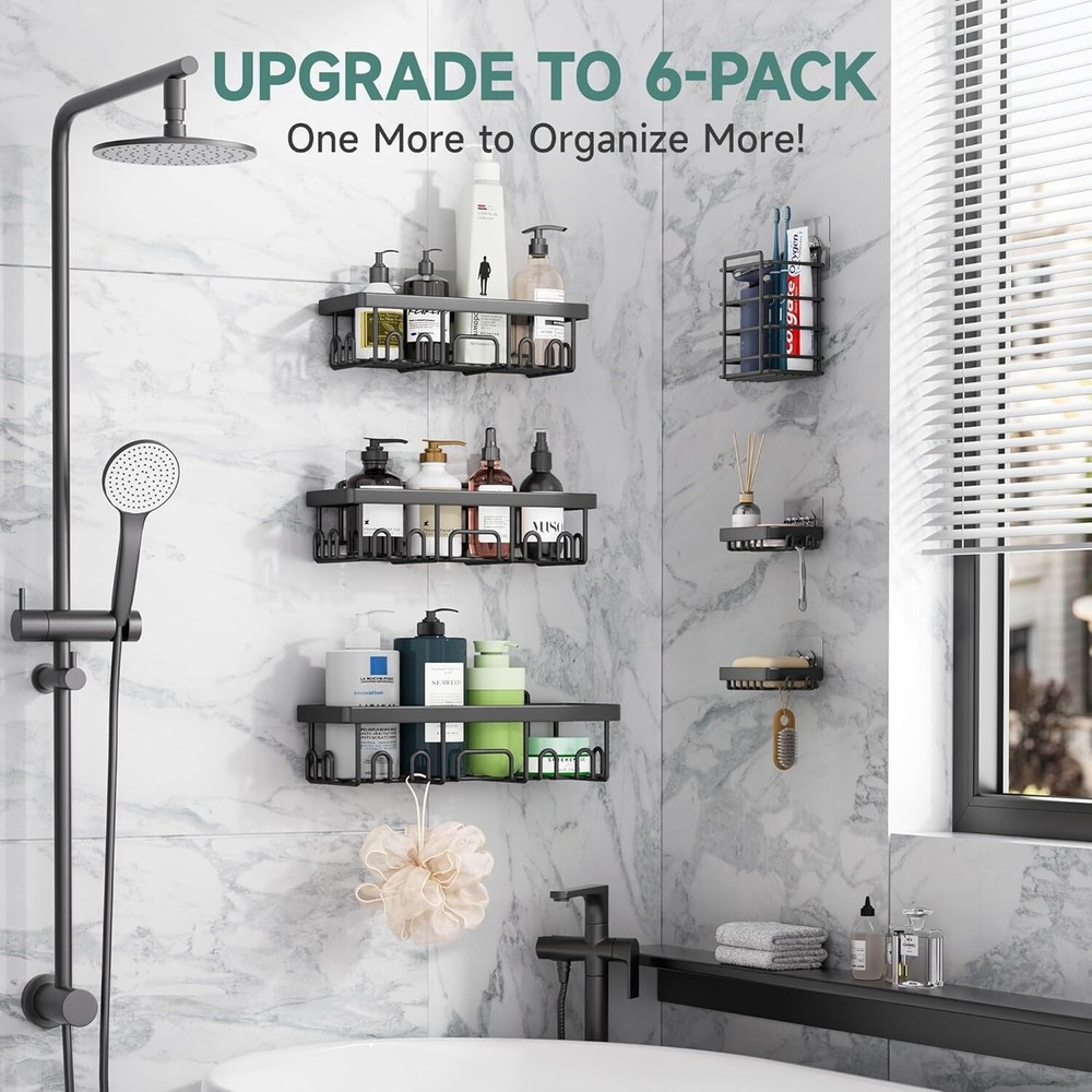 6-Piece Stainless Steel Shower Caddy Set - Rustproof, Adhesive Storage Solution