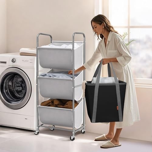 120 Liters Vertical Rolling Laundry Hamper, 3 Section Laundry 3 Tier Gray