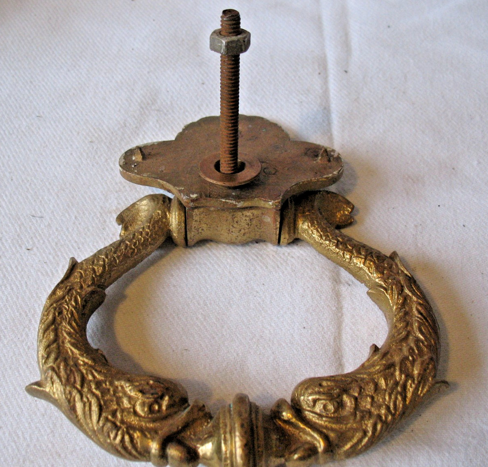 Old vintage solid Brass Stylised Dolphins & Sea Shell Door Knocker Pull Handle