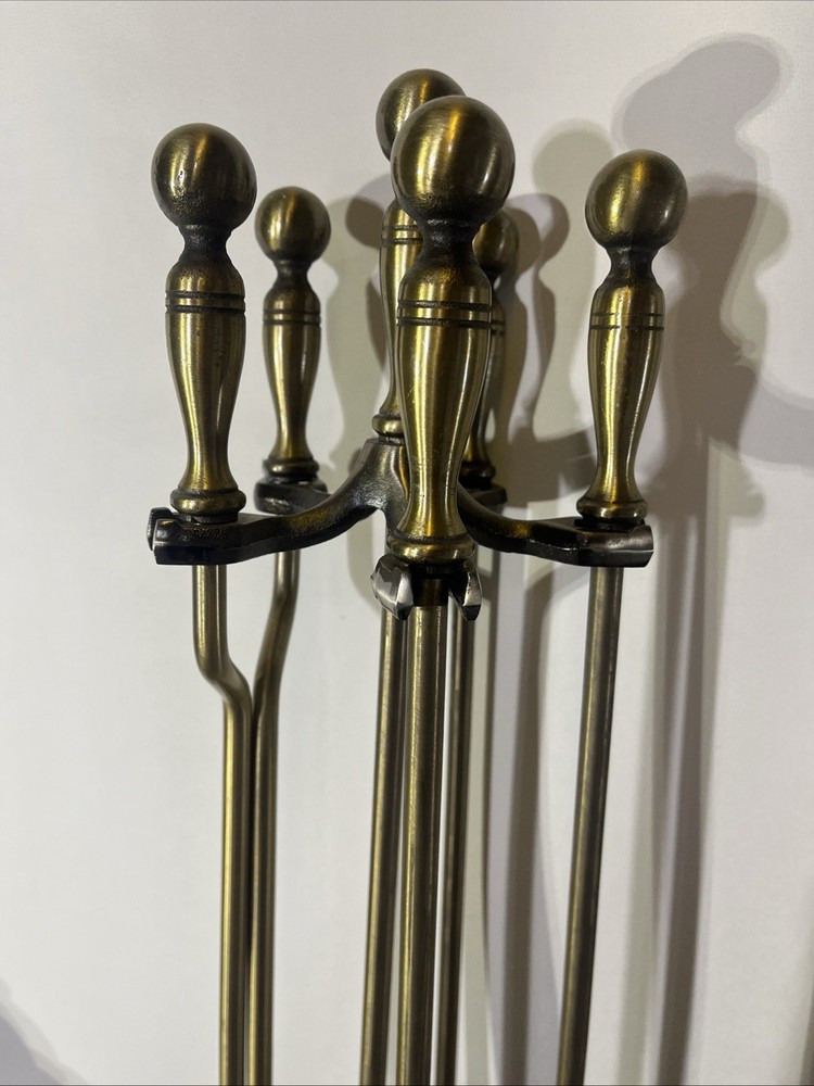 Antique Brass Fireplace Set, 5 Piece