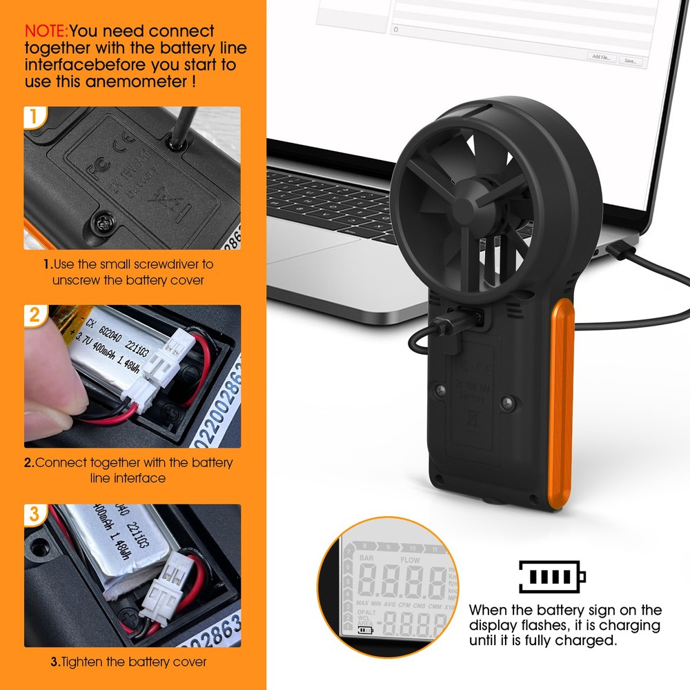 Precision Anemometer 0.3-30 m/s - Airflow (CFM/CMM) & Temp Gauge, Hold Function
