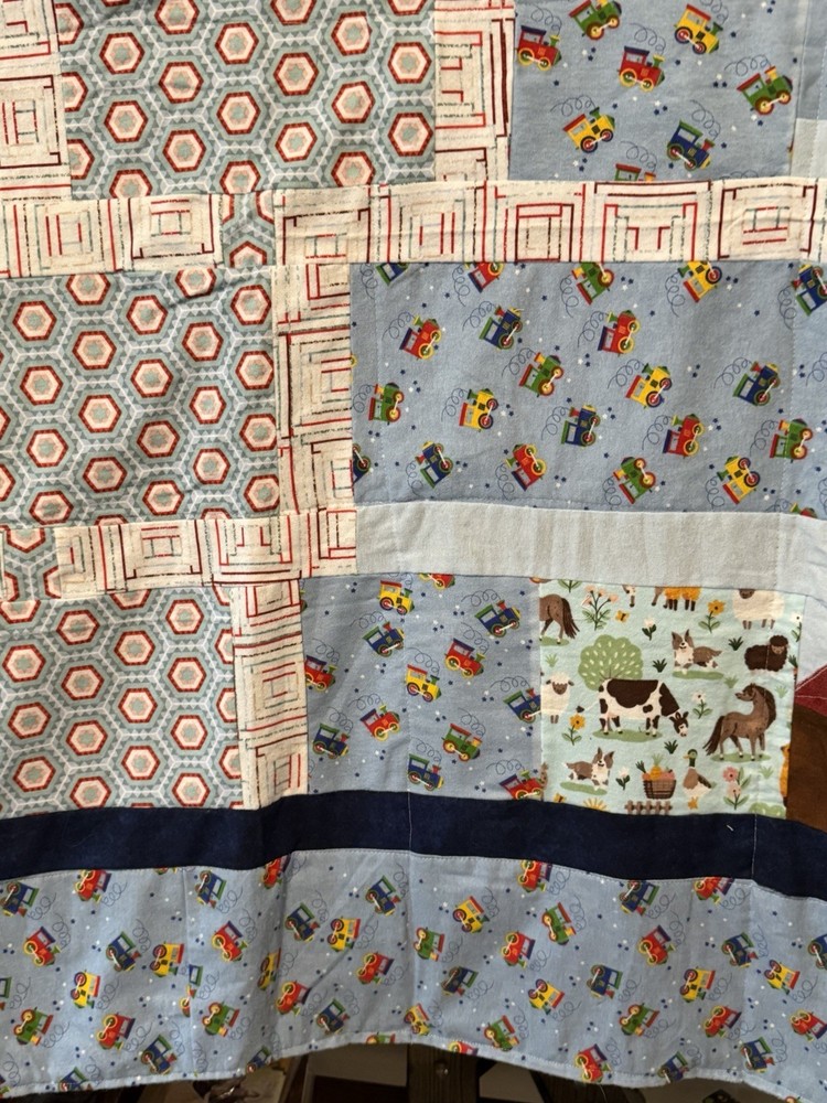 Patchwork Quilt Throw Blanket Handmade Signed Reversible Farmstead 53”x52”